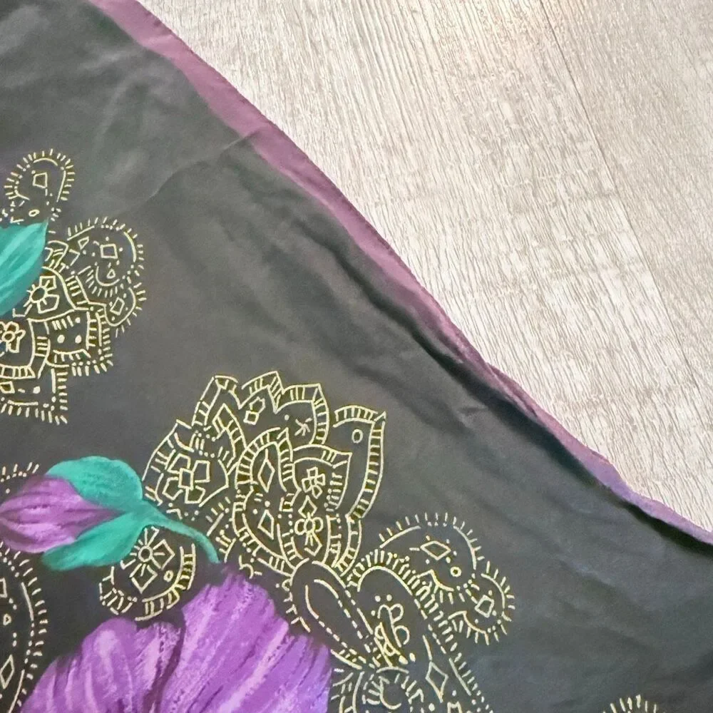 Vintage VTG The Specialty House Black Floral  Square Scarf Silk Mandala